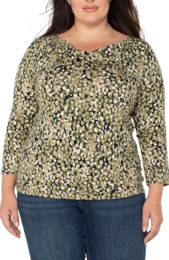 Liverpool Los Angeles Tops-3/4 SLEEVE DRAPED NECK KNIT TOP Olivecamodot