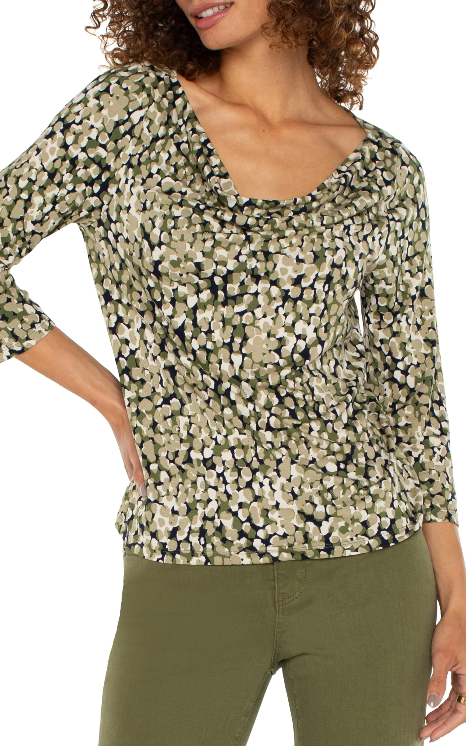 Liverpool Los Angeles Tees-3/4 SLEEVE DRAPED NECK KNIT TOP Olivecamodot