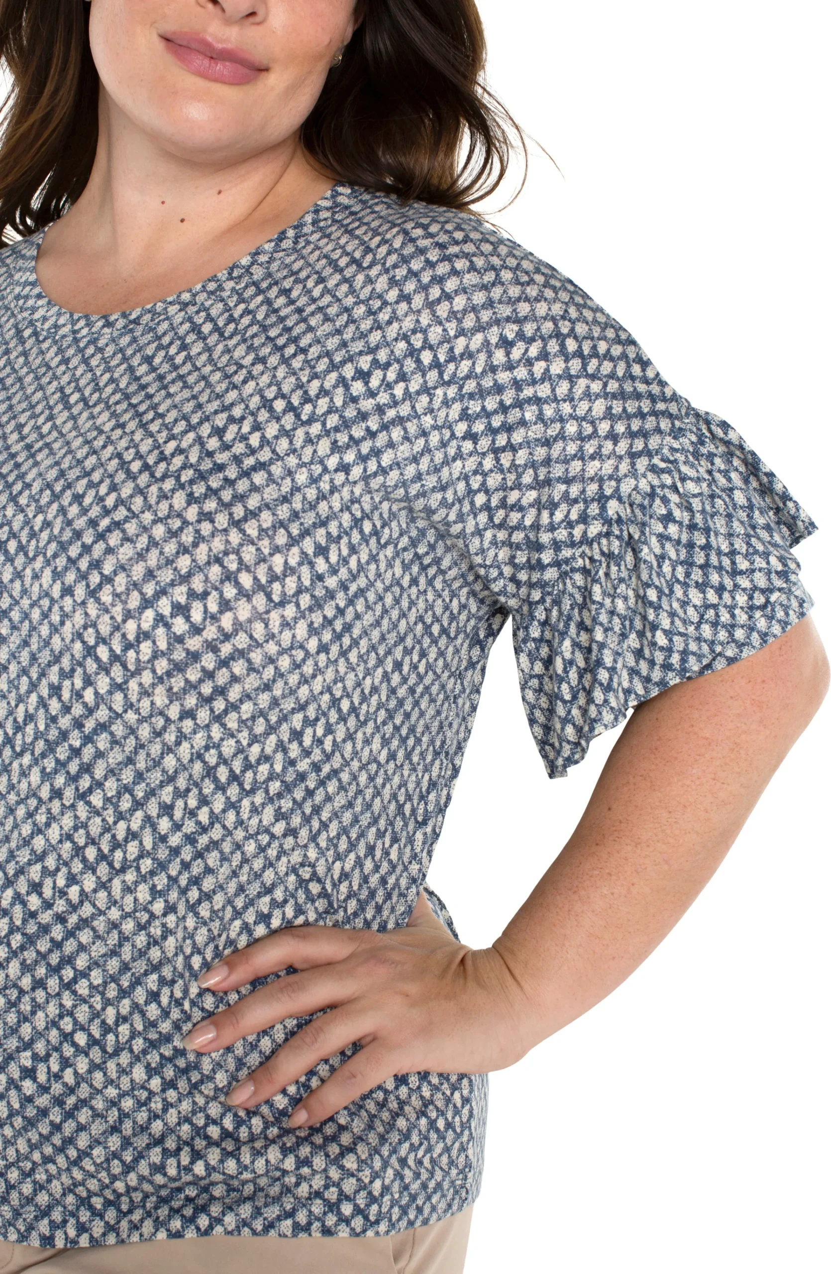 Liverpool Los Angeles Tops-1/2 SLEEVE DROP SHOULDER WITH RUFFLE Navytextureddots