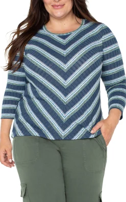 Liverpool Los Angeles Tops-3/4 SLEEVE SCOOP NECK KNIT TOP Bluetealmultistripe