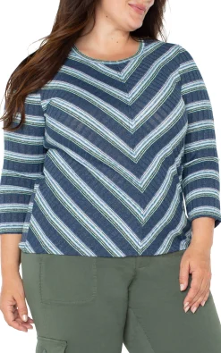 Liverpool Los Angeles Tops-3/4 SLEEVE SCOOP NECK KNIT TOP Bluetealmultistripe