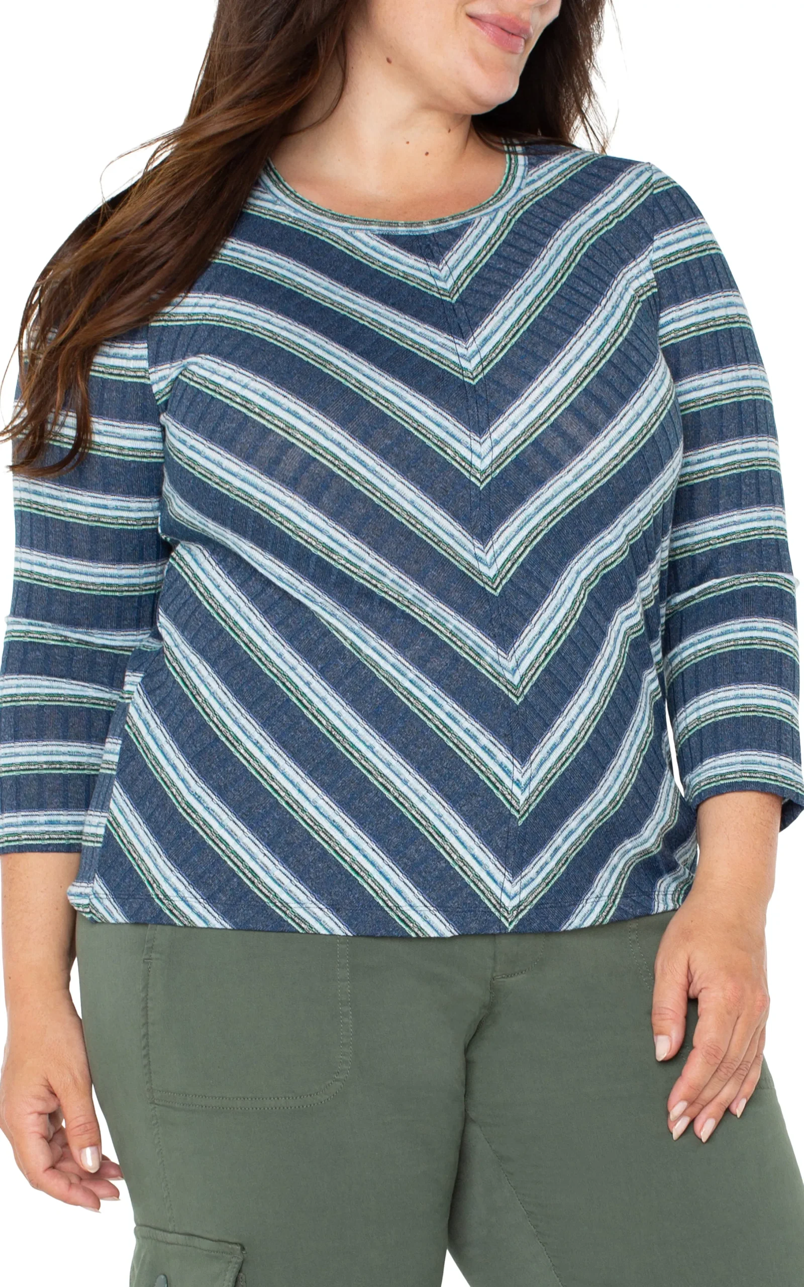 Liverpool Los Angeles Tops-3/4 SLEEVE SCOOP NECK KNIT TOP Bluetealmultistripe