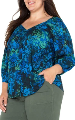 Liverpool Los Angeles Tops-3/4 SLEEVE SWEETHEART NECK WOVEN BLOUSE Bluetopazmulti
