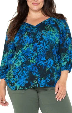 Liverpool Los Angeles Tops-3/4 SLEEVE SWEETHEART NECK WOVEN BLOUSE Bluetopazmulti