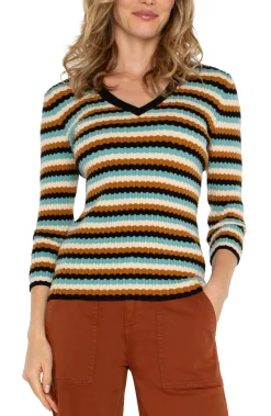 Liverpool Los Angeles Sweaters-3/4 SLEEVE V-NECK SWEATER Oceanmultistripe