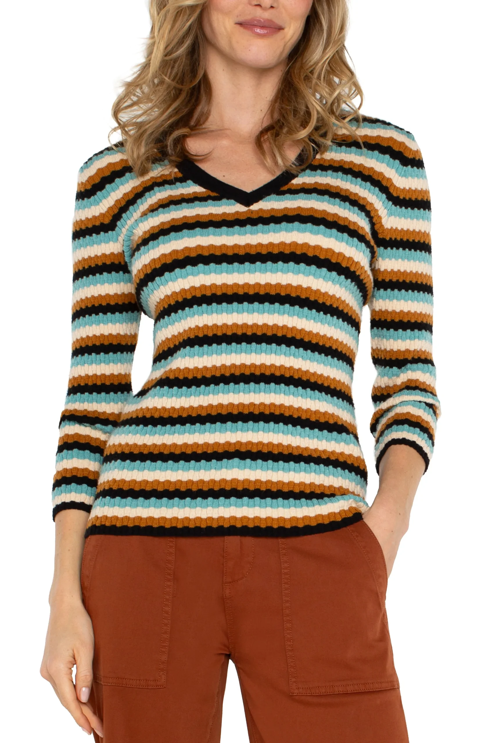 Liverpool Los Angeles Sweaters-3/4 SLEEVE V-NECK SWEATER Oceanmultistripe