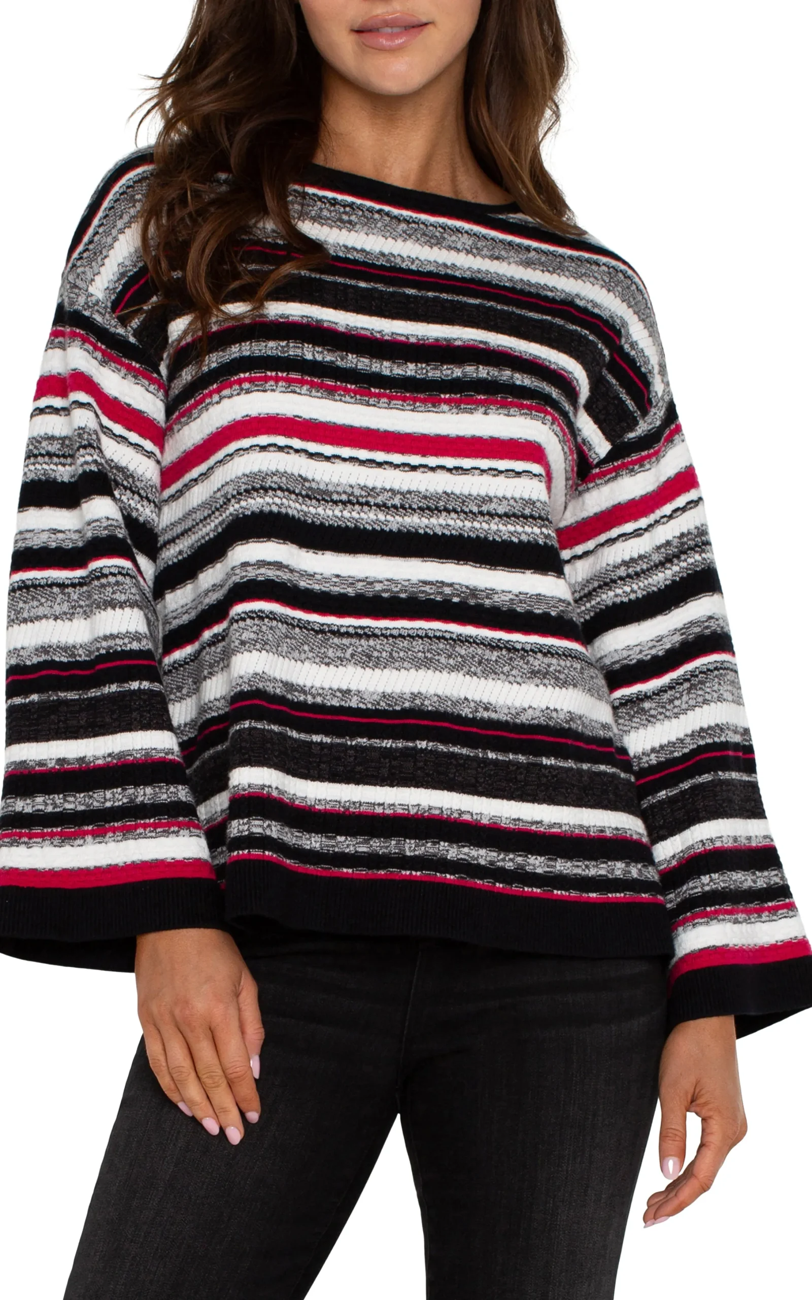 Liverpool Los Angeles Sweaters-BOAT NECK STRIPED SWEATER Blackstriperubymulti