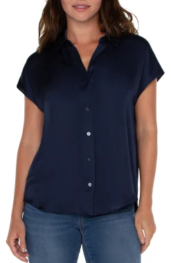 Liverpool Los Angeles Tops|Tops-BUTTON FRONT DOLMAN SLEEVE BLOUSE Darknavy