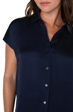 Liverpool Los Angeles Tops|Tops-BUTTON FRONT DOLMAN SLEEVE BLOUSE Darknavy