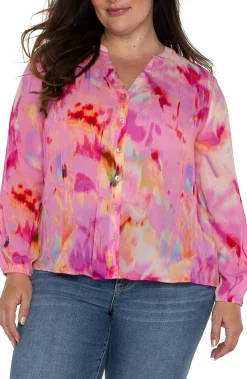 Liverpool Los Angeles Tops-BUTTON FRONT SHIRRED BLOUSE Fuchsiawatercolor