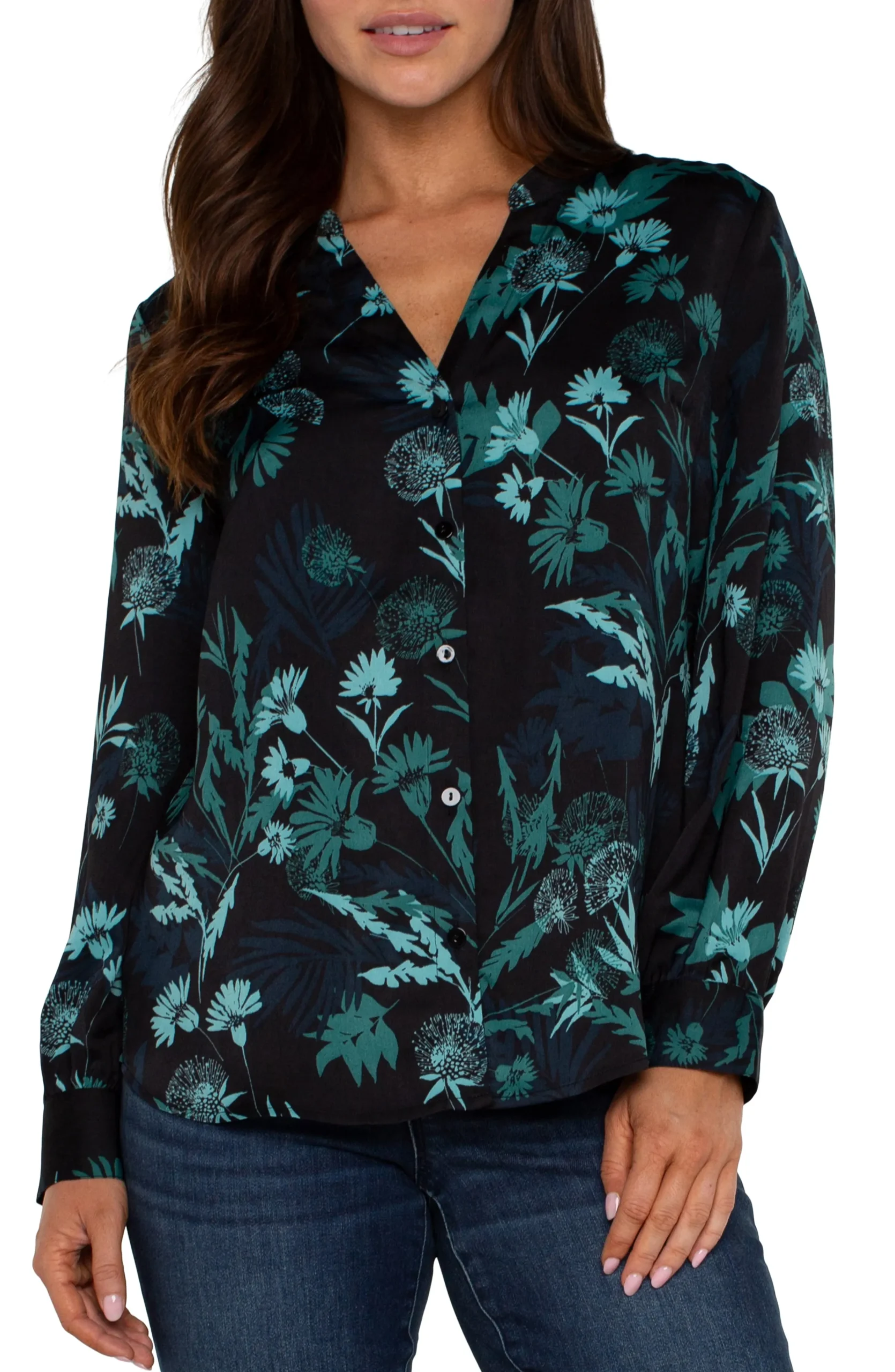 Liverpool Los Angeles Tops-BUTTON FRONT SHIRT WITH BANDED COLLAR Malachitefoliage