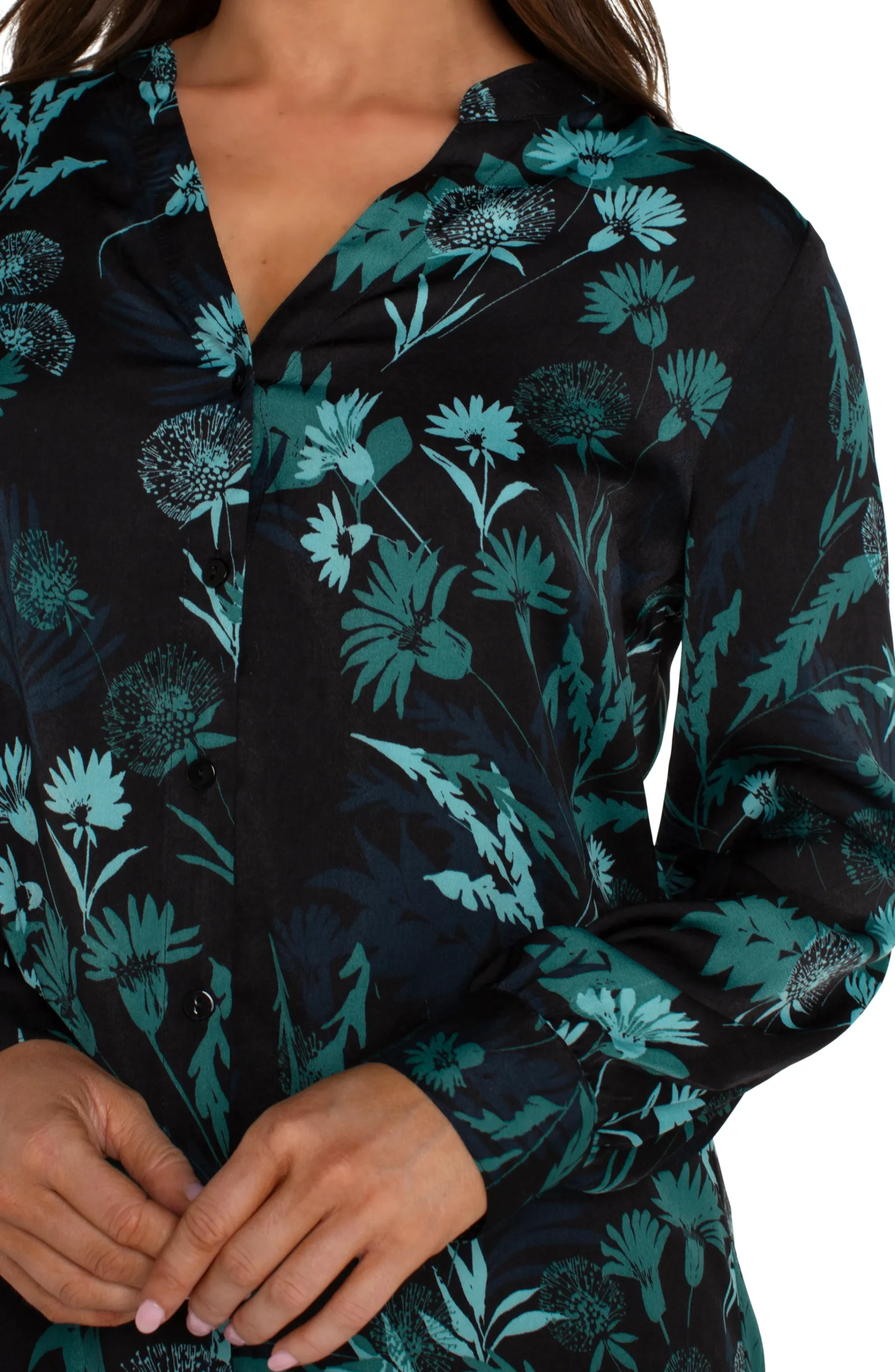 Liverpool Los Angeles Tops-BUTTON FRONT SHIRT WITH BANDED COLLAR Malachitefoliage