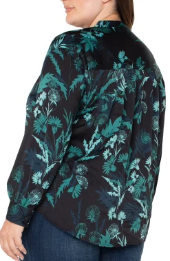 Liverpool Los Angeles Tops-BUTTON FRONT SHIRT WITH BANDED COLLAR Malachitefoliage