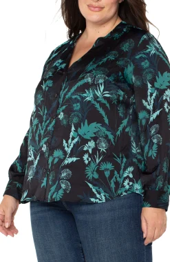 Liverpool Los Angeles Tops-BUTTON FRONT SHIRT WITH BANDED COLLAR Malachitefoliage