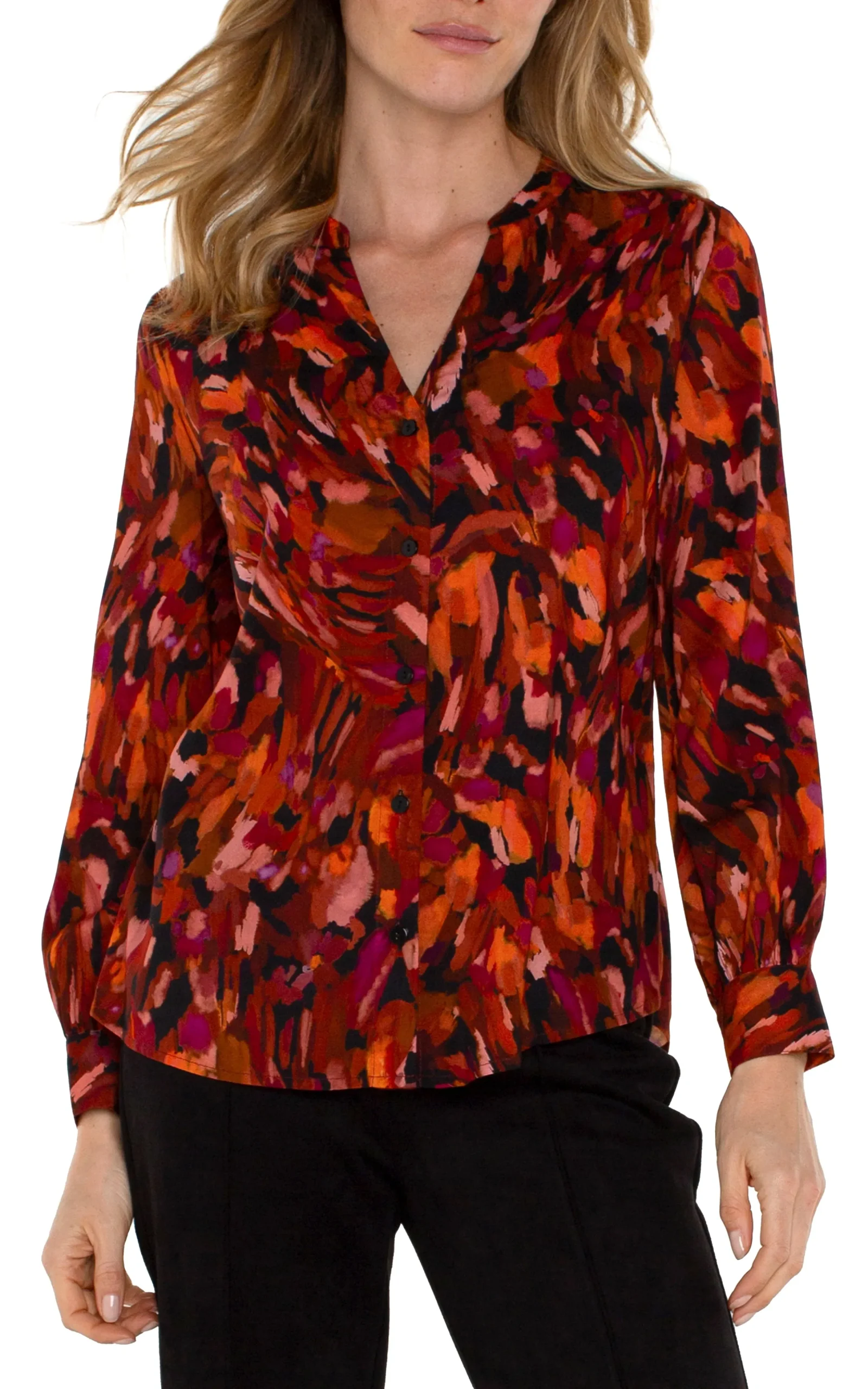 Liverpool Los Angeles Tops-BUTTON FRONT SHIRT WITH BANDED COLLAR Paintedcedar
