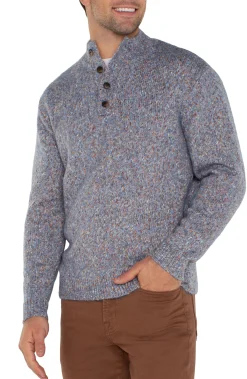 Liverpool Los Angeles Sweaters-BUTTON MOCK NECK SWEATER Lightbluemulti