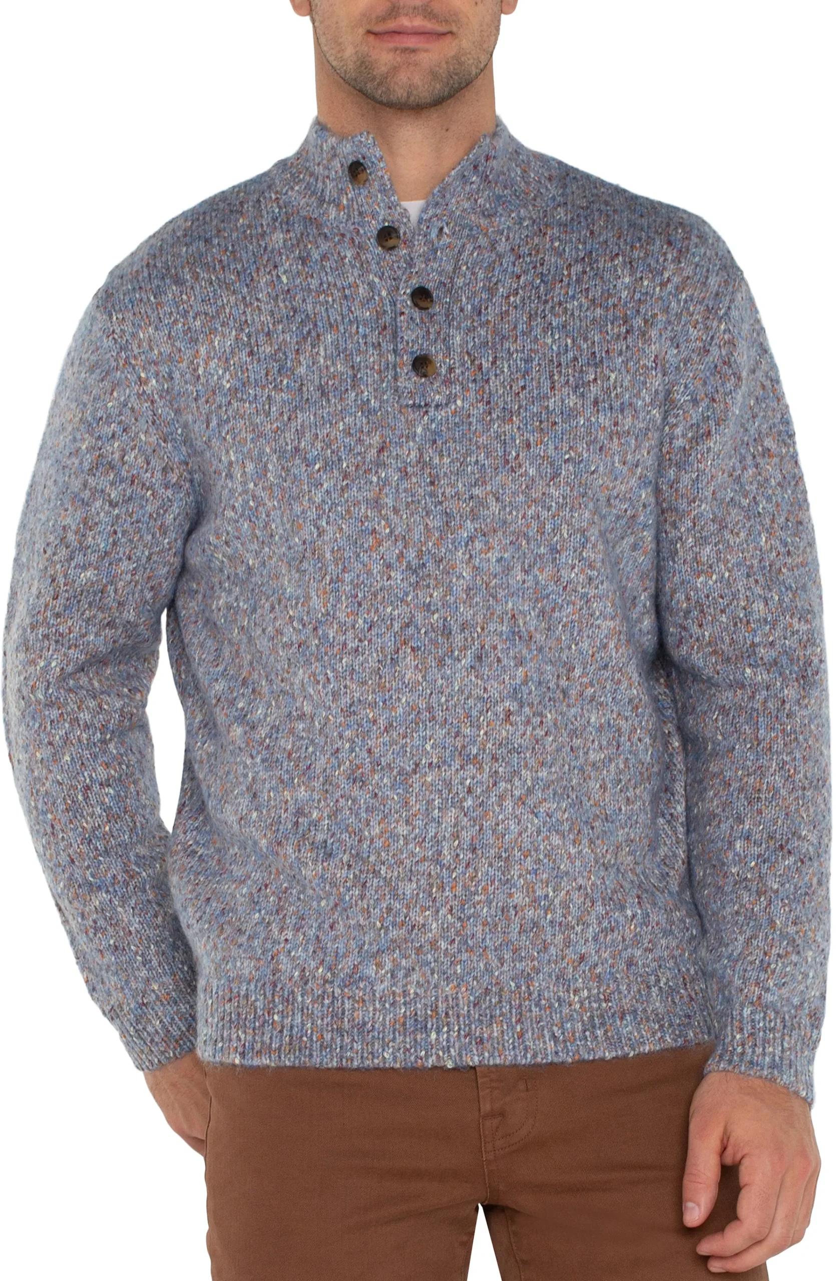 Liverpool Los Angeles Sweaters-BUTTON MOCK NECK SWEATER Lightbluemulti