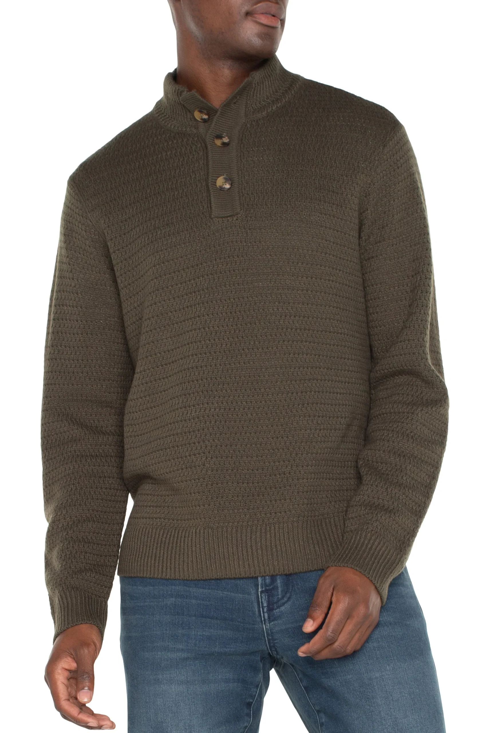 Liverpool Los Angeles Sweaters-BUTTON MOCK NECK SWEATER Olive