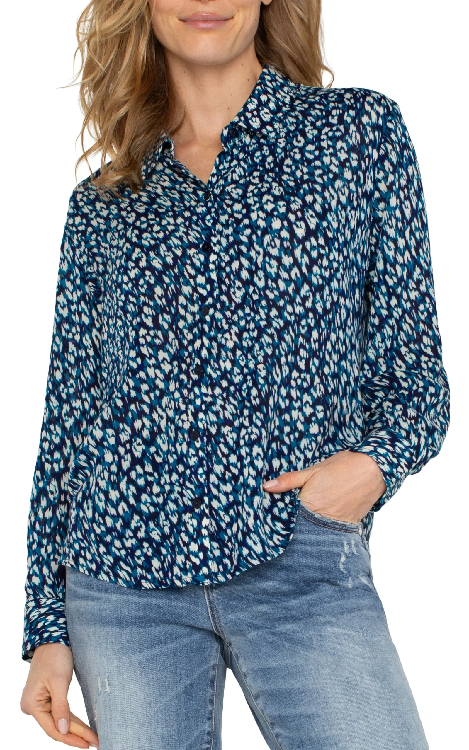 Liverpool Los Angeles Tops-BUTTON UP WOVEN BLOUSE Bluetopazanimal