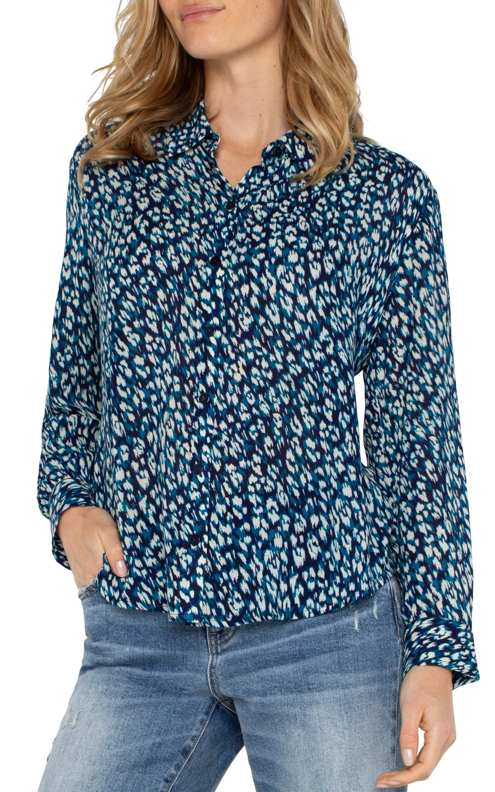 Liverpool Los Angeles Tops-BUTTON UP WOVEN BLOUSE Bluetopazanimal