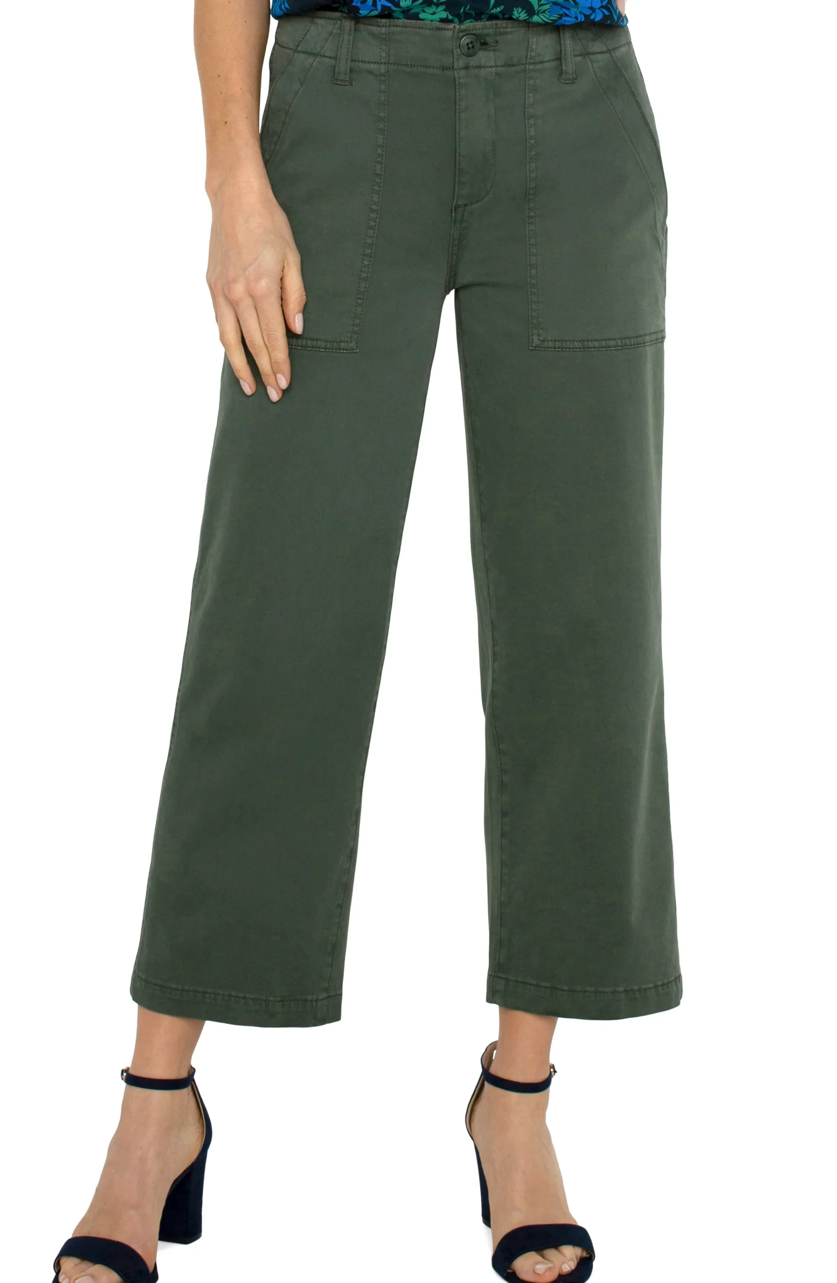 Liverpool Los Angeles Pants|Crops-CARGO WIDE LEG CROP Mossgreen