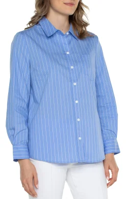 Liverpool Los Angeles Tops-CLASSIC BUTTON FRONT POPLIN SHIRT Lightbluewhitepinstripe