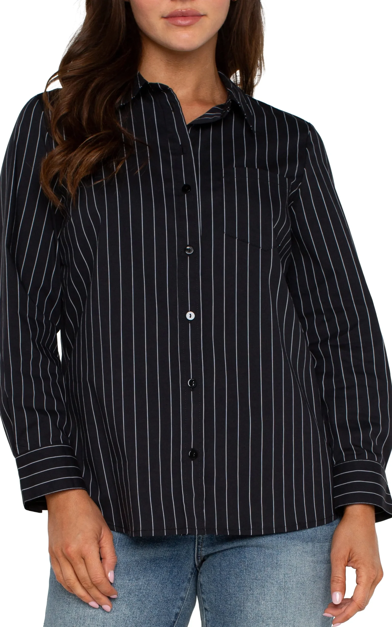 Liverpool Los Angeles Tops-CLASSIC BUTTON FRONT POPLIN SHIRT Blackwhitepinstripe