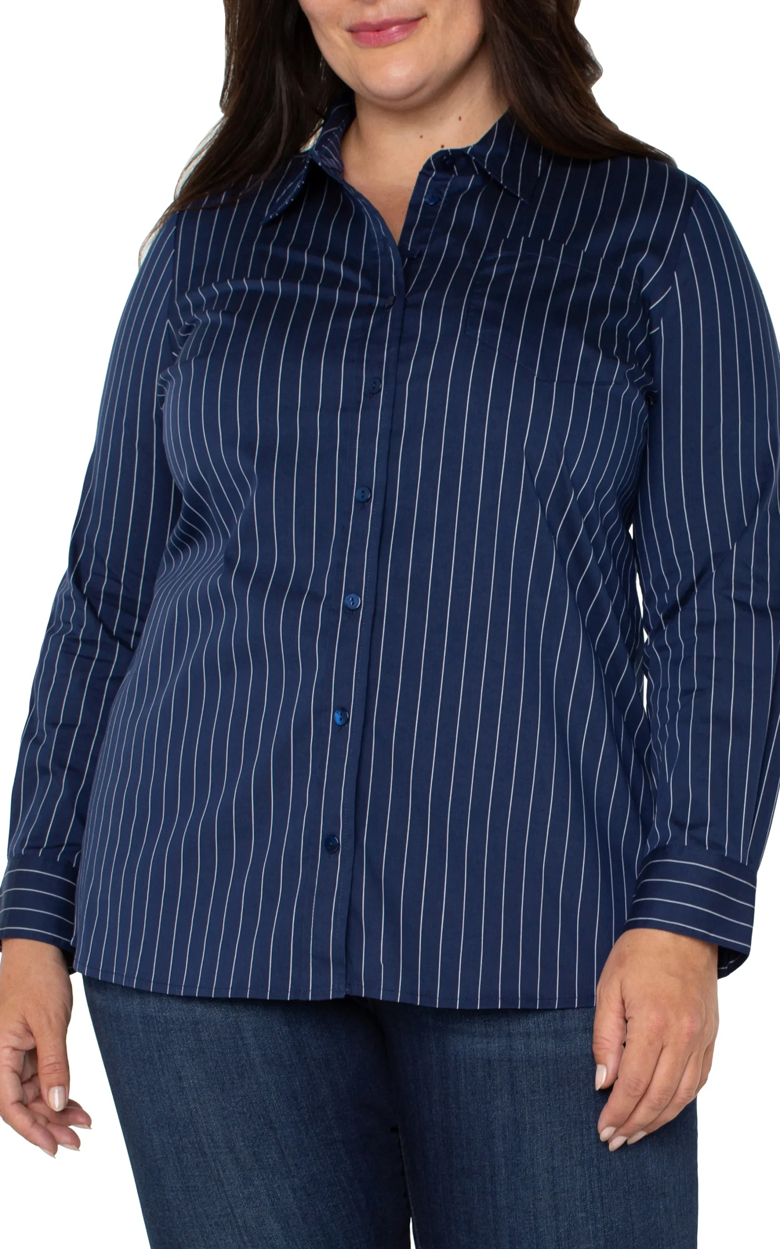 Liverpool Los Angeles Tops-CLASSIC BUTTON FRONT POPLIN SHIRT Navywhitepinstripe
