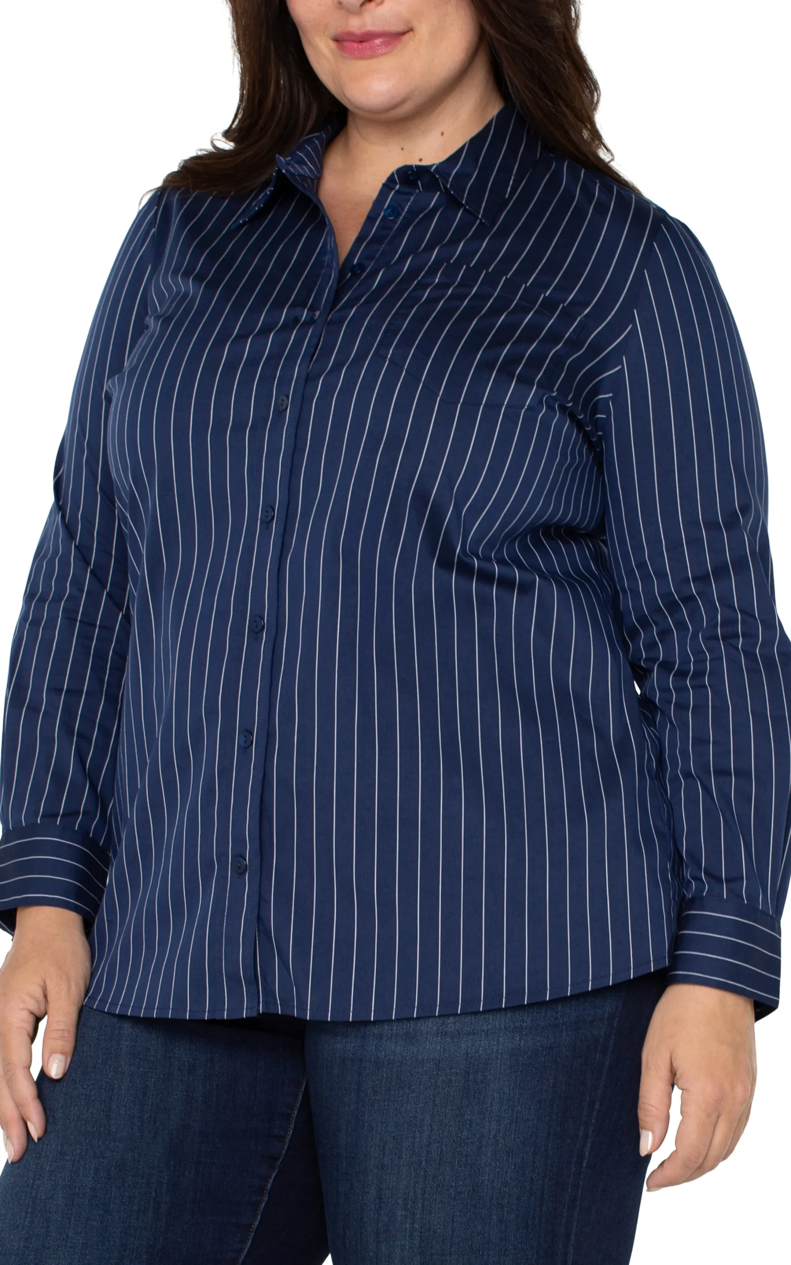 Liverpool Los Angeles Tops-CLASSIC BUTTON FRONT POPLIN SHIRT Navywhitepinstripe