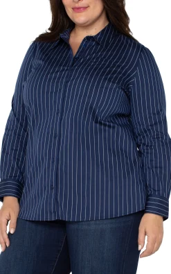 Liverpool Los Angeles Tops-CLASSIC BUTTON FRONT POPLIN SHIRT Navywhitepinstripe