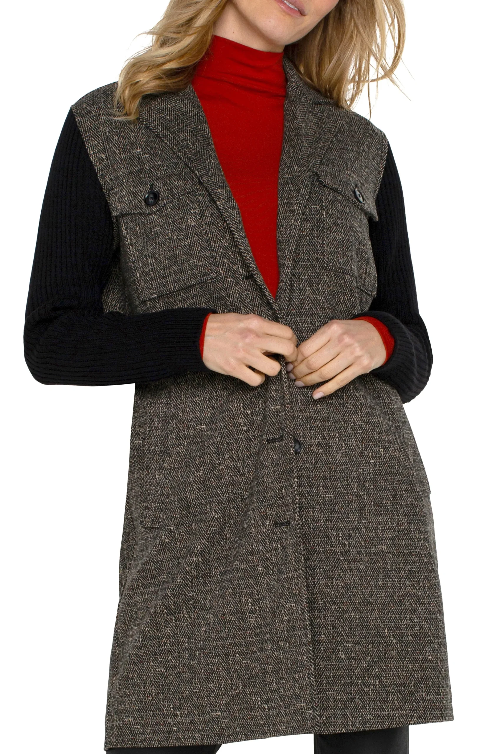 Liverpool Los Angeles Coatigans-COATIGAN WITH SWEATER SLEEVES Blacktanherringbone