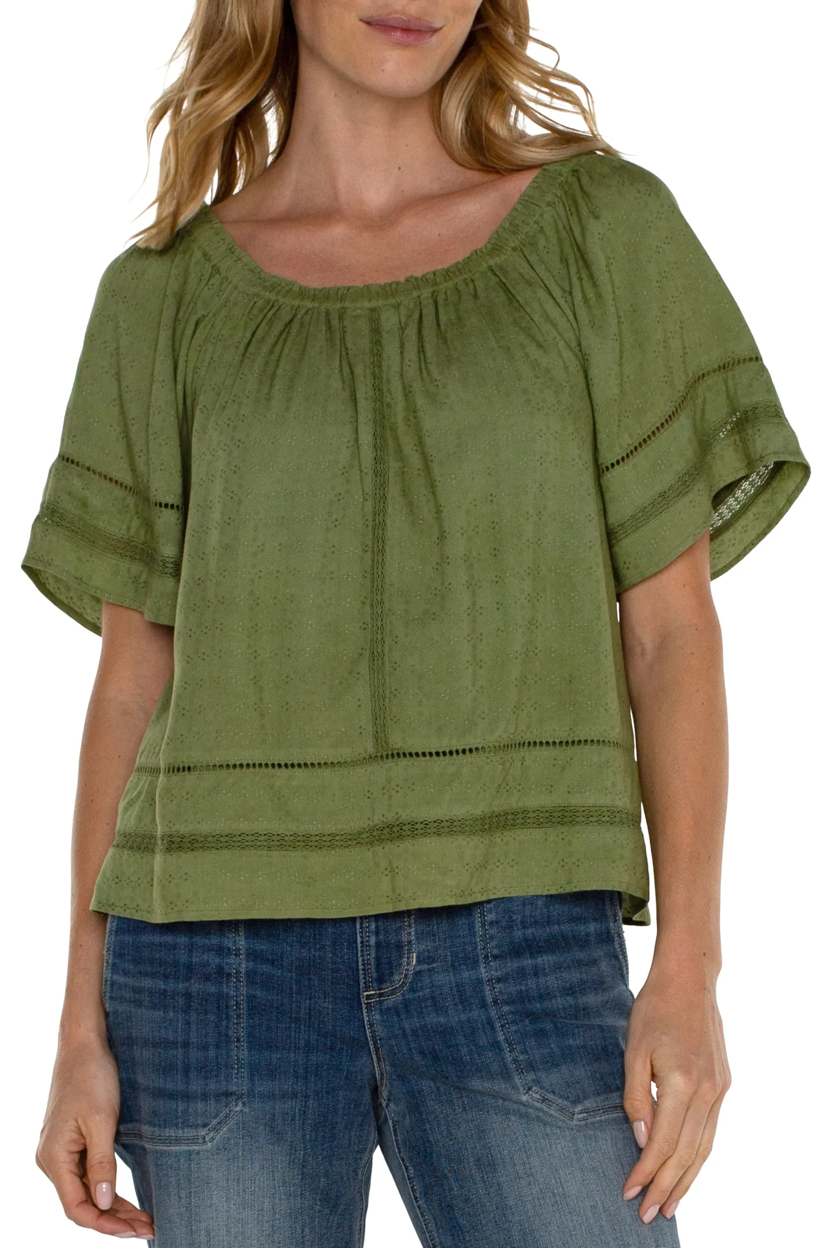 Liverpool Los Angeles Tops-CROPPED BELL SLEEVE WOVEN TOP Eucalyptus