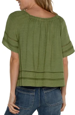 Liverpool Los Angeles Tops-CROPPED BELL SLEEVE WOVEN TOP Eucalyptus