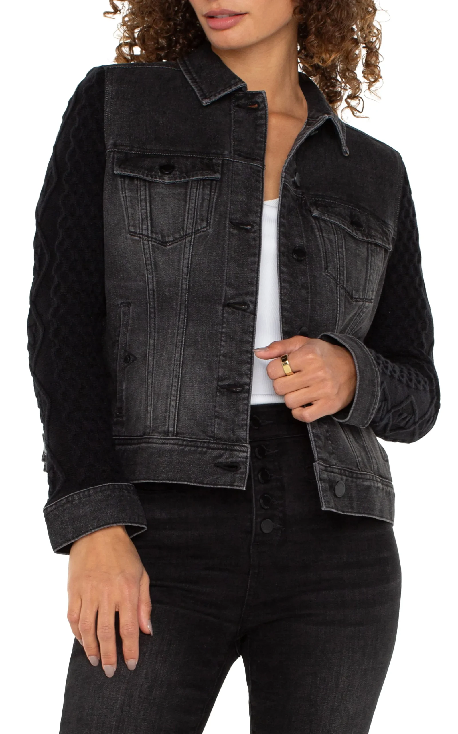 Liverpool Los Angeles Jackets|Jackets-DENIM JACKET WITH SWEATER SLEEVES Arvisdrive
