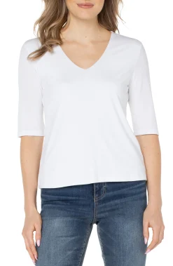 Liverpool Los Angeles Tees-DOUBLE LAYER V-NECK RIB KNIT TOP Cream