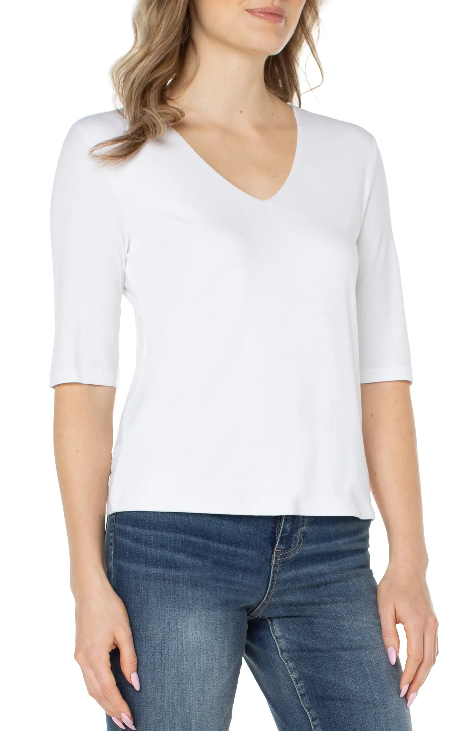 Liverpool Los Angeles Tees-DOUBLE LAYER V-NECK RIB KNIT TOP Cream