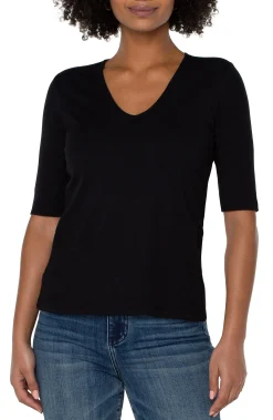 Liverpool Los Angeles Tees-DOUBLE LAYER V-NECK RIB KNIT TOP Black