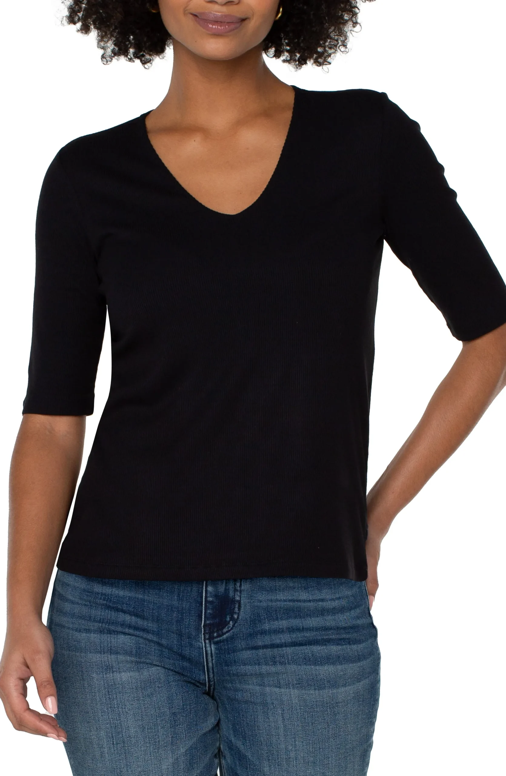 Liverpool Los Angeles Tees-DOUBLE LAYER V-NECK RIB KNIT TOP Black