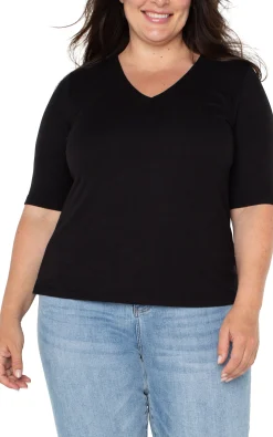 Liverpool Los Angeles Tops-DOUBLE LAYER V-NECK RIB KNIT TOP Black