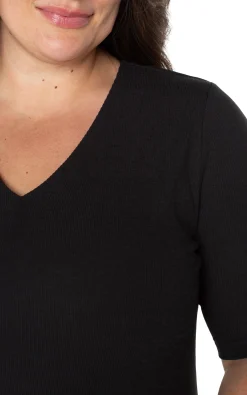 Liverpool Los Angeles Tops-DOUBLE LAYER V-NECK RIB KNIT TOP Black