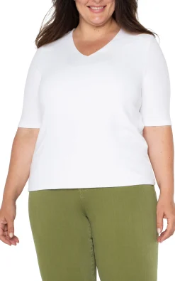 Liverpool Los Angeles Tops-DOUBLE LAYER V-NECK RIB KNIT TOP Cream