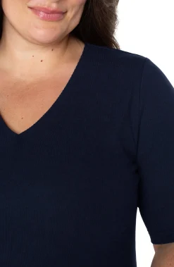 Liverpool Los Angeles Tops-DOUBLE LAYER V-NECK RIB KNIT TOP Darknavy