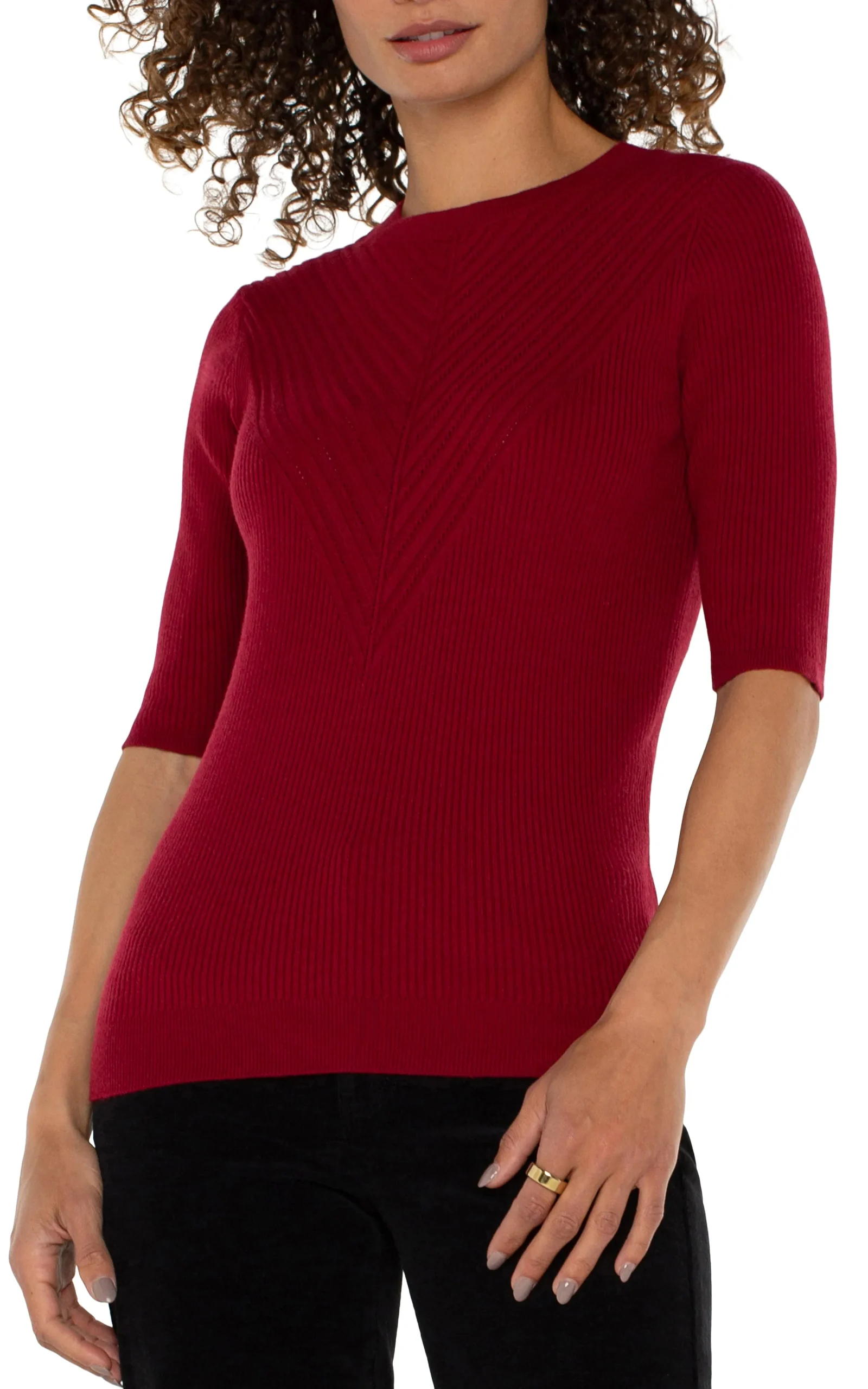 Liverpool Los Angeles Sweaters-ELBOW SLEEVE CREW NECK SWEATER Rubyred