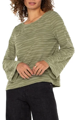Liverpool Los Angeles Tees-FLARED SLEEVE BOAT NECK KNIT TOP Spanisholivestripe