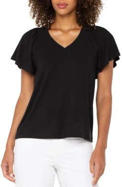 Liverpool Los Angeles Tees-FLUTTER SLEEVE KNIT TOP Black