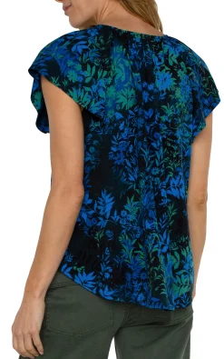 Liverpool Los Angeles Tops|Tops-FLUTTER SLEEVE RAGLAN WOVEN TOP Bluetopazmulti