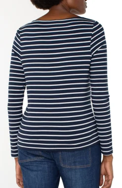 Liverpool Los Angeles Sweaters|Tees-LONG SLEEVE BOATNECK KNIT TOP Darknavywhitestripe