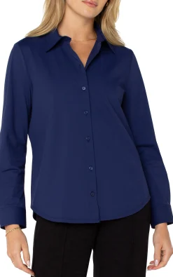 Liverpool Los Angeles Tops-LONG SLEEVE BUTTON FRONT KNIT SHIRT Navyink