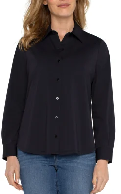 Liverpool Los Angeles Tops-LONG SLEEVE BUTTON FRONT KNIT SHIRT Black