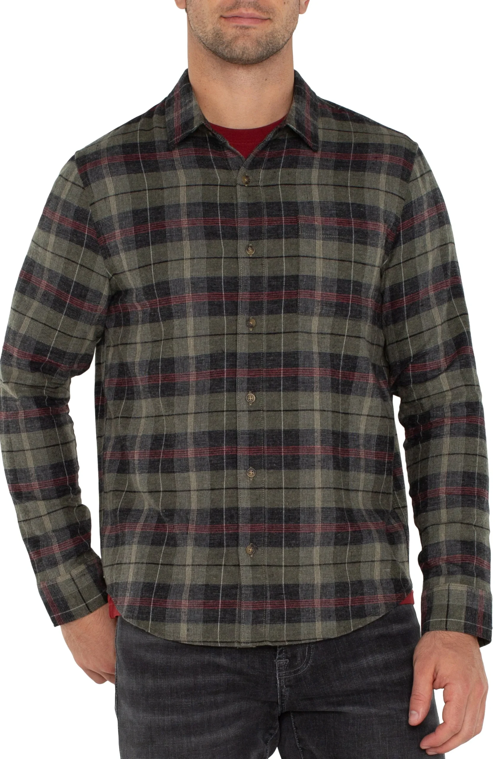 Liverpool Los Angeles Shirts-LONG SLEEVE BUTTON UP SHIRT Oliveblackmulti
